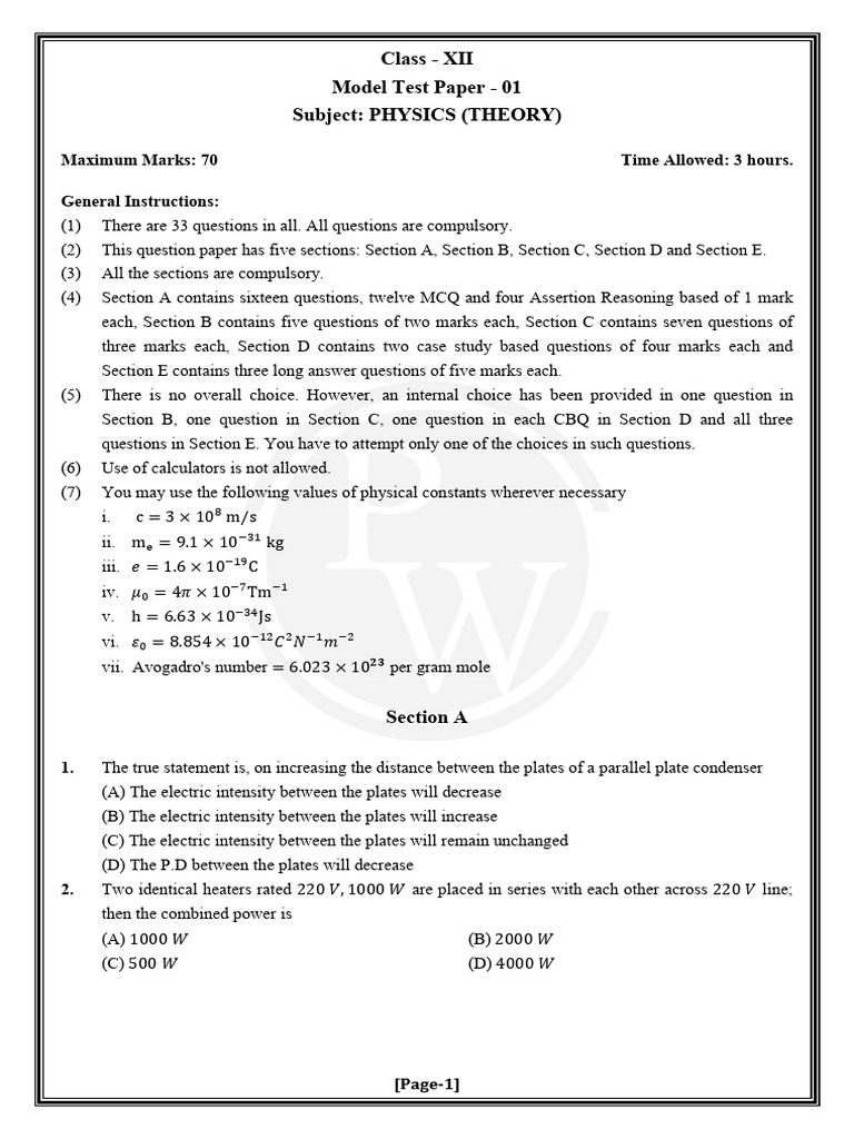 Class XII Physics Model Test Paper 01 | PDF | Inductor | Capacitor