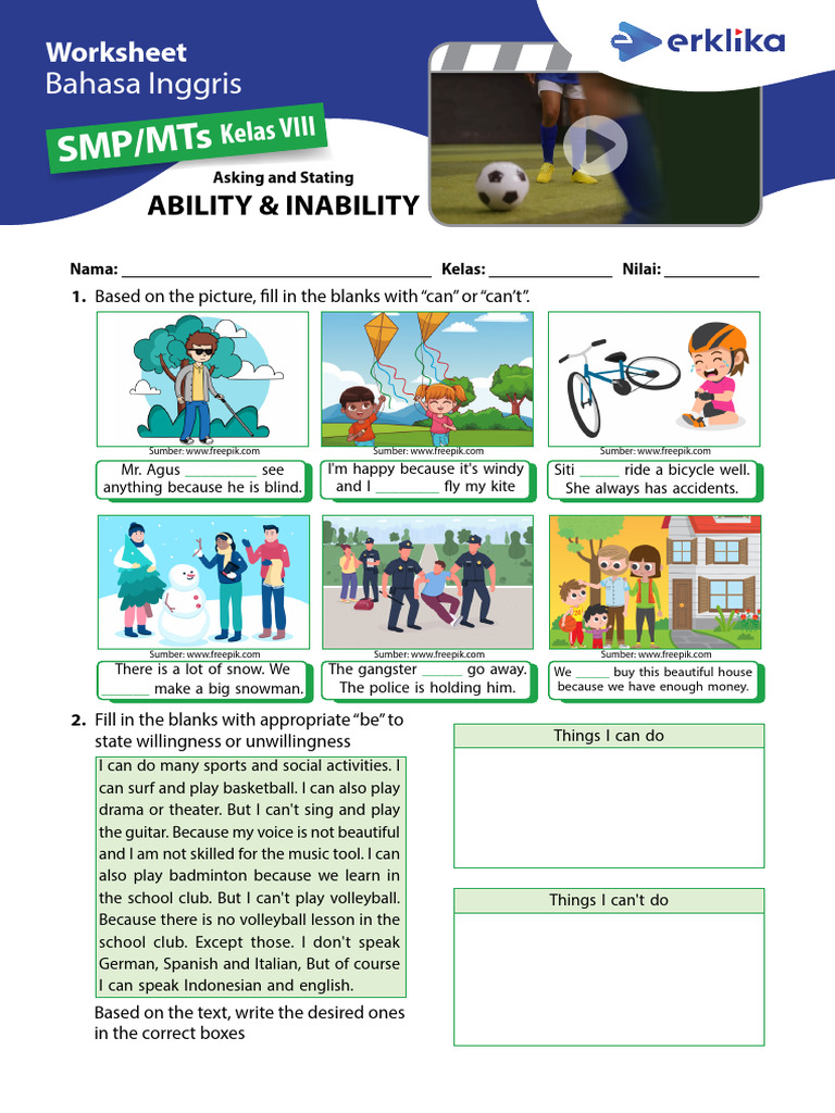 Ability and Inability Worksheet for English | PDF