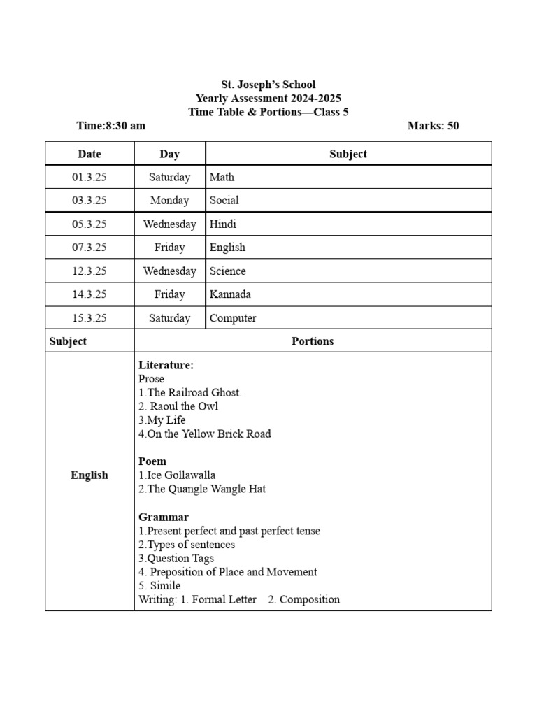 Class 5 Time Table & Portions 2024-25 | PDF | Linguistics