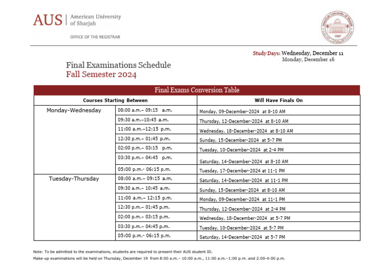 Fall 2024 Final Exam Schedule | PDF