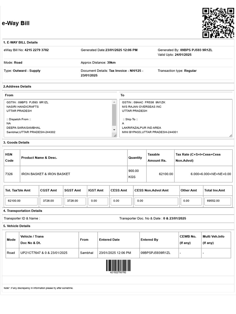 E-Way Bill Details and Transportation Info | PDF | Government | Economy ...