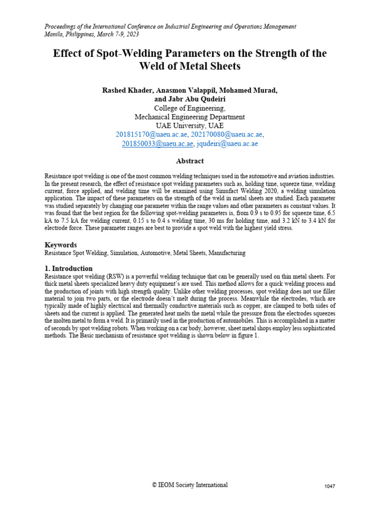 Effect of Spot-Welding Parameters on the Strength of the Weld of Metal ...