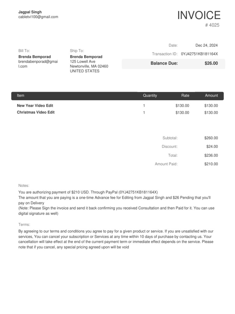 Invoice for Video Editing Services | PDF