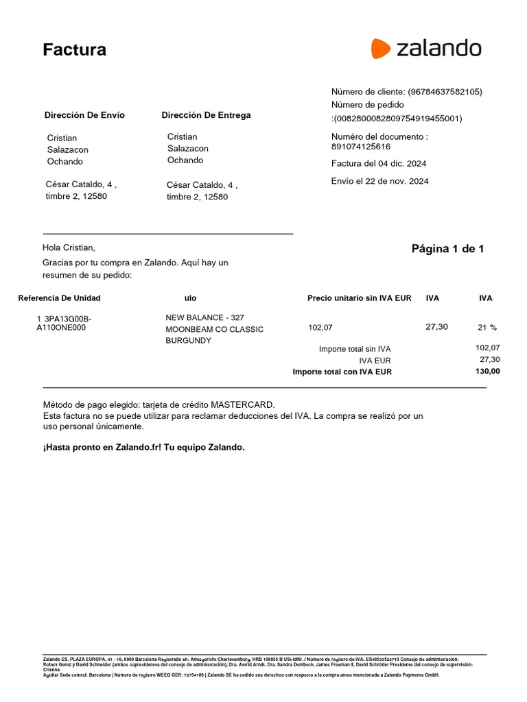 Factura Zalando | PDF | Tecnología bancaria | Pagos