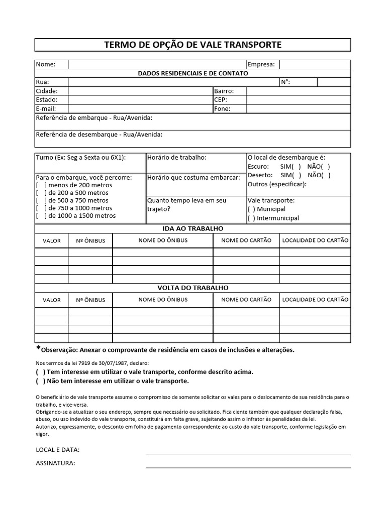 Formulário de Vale Transporte e Dados Pessoais | PDF