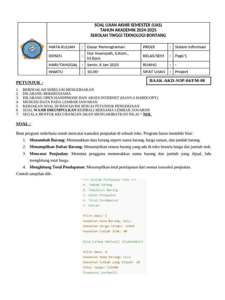 UAS Dasar Pemrograman 2024-2025 | PDF