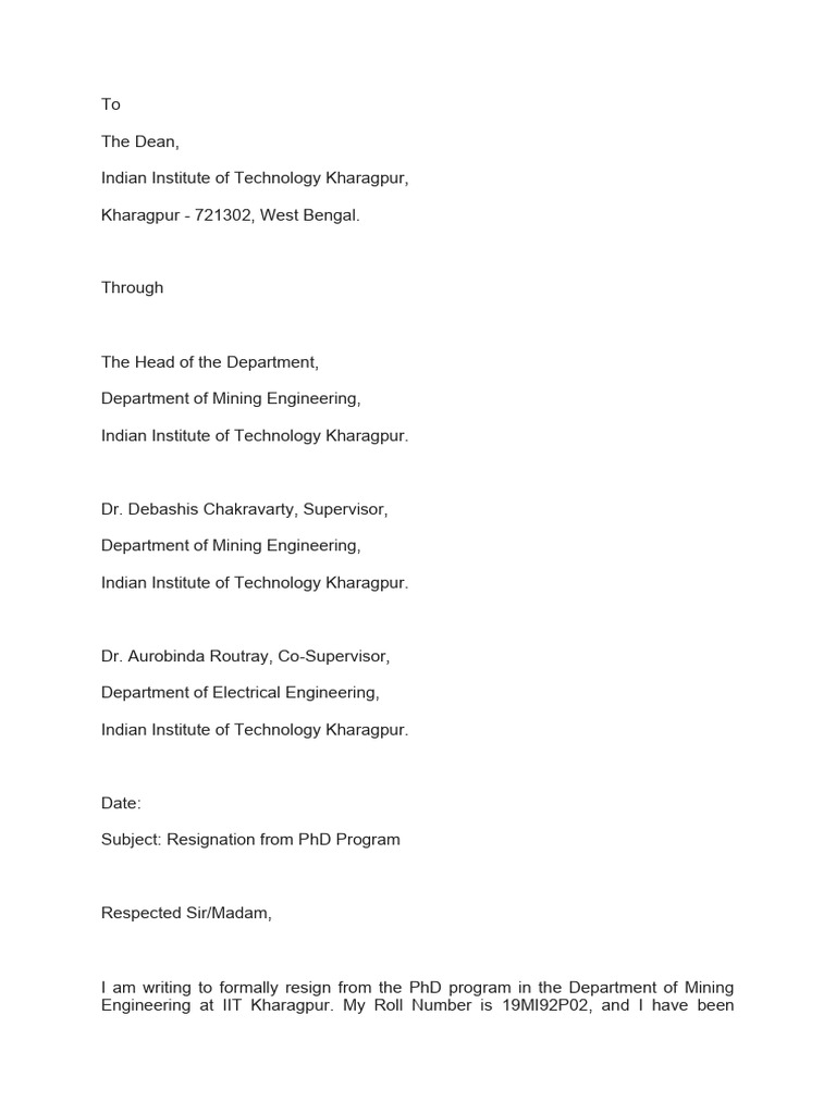 Resignation from IIT Kharagpur PhD Program | PDF