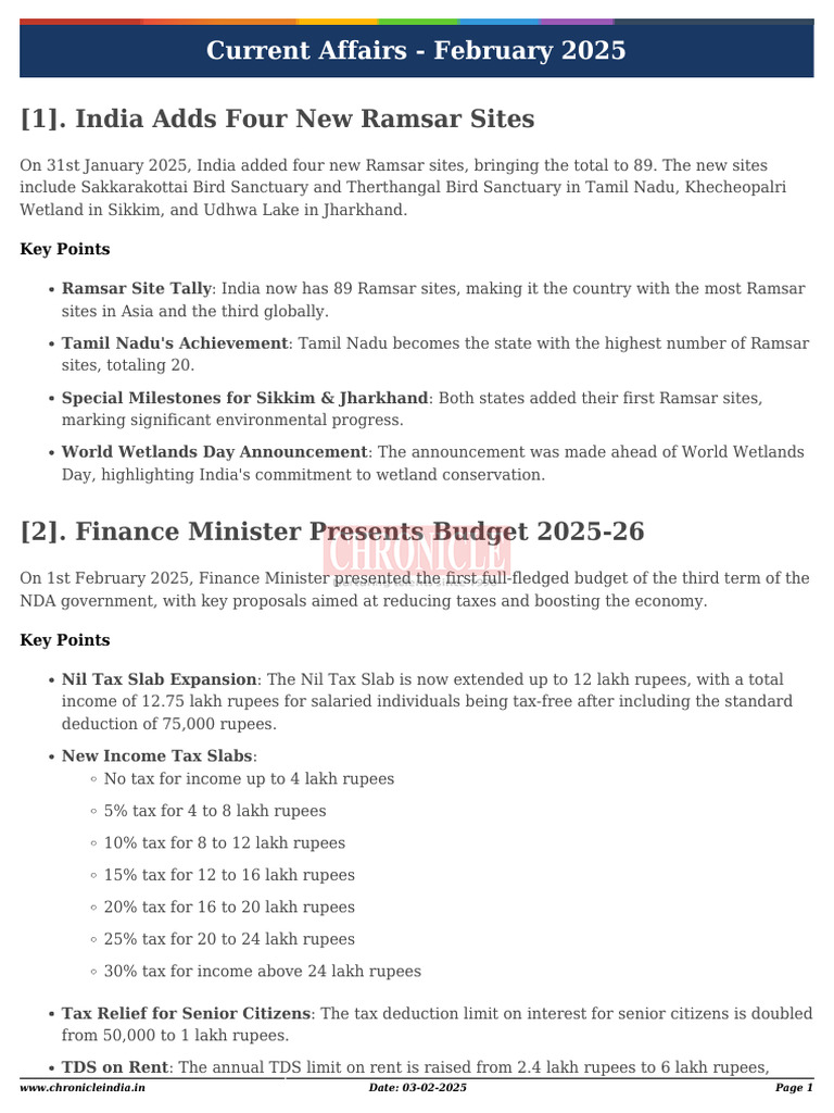 February 2025 Current Affairs Summary | PDF | Taxes | Governance