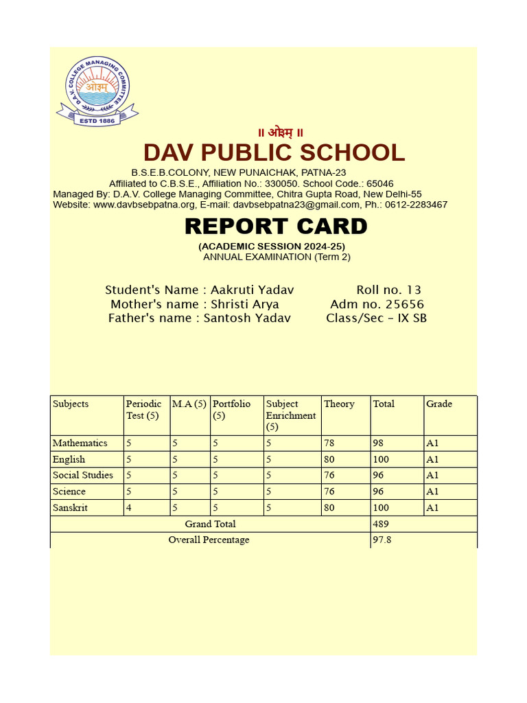 DAV School Report Card 2024-25 | PDF