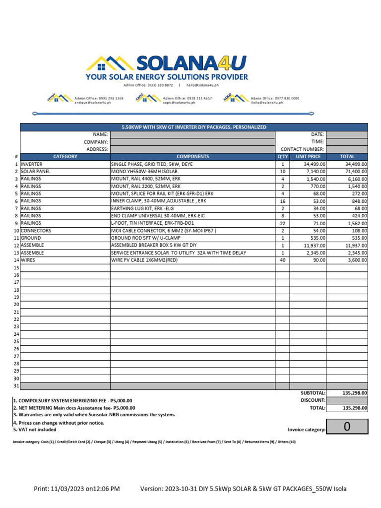 5.5kWp Solar Package Invoice | PDF | Solar Power | Power (Physics)