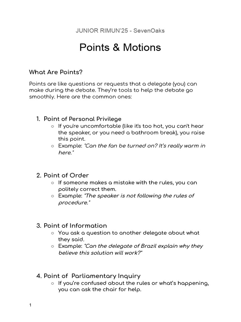 Points & Motions Guide for JUNIOR RIMUN’25 | PDF | Group Decision ...