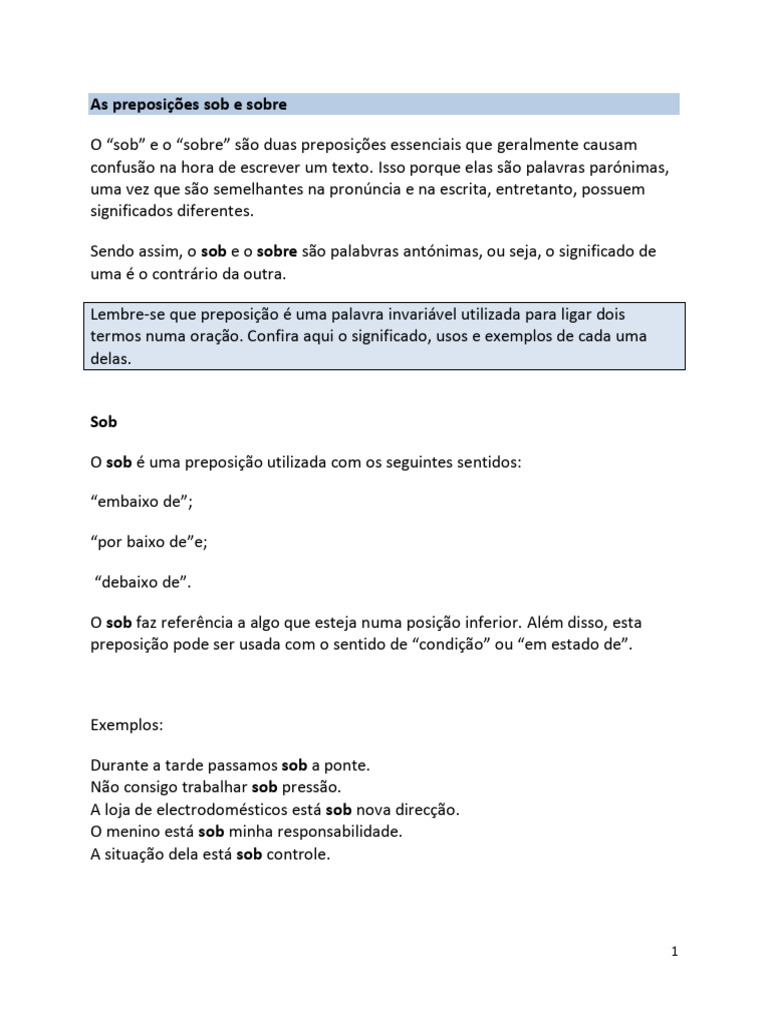 Diferença entre Sob e Sobre: Guia Prático | PDF