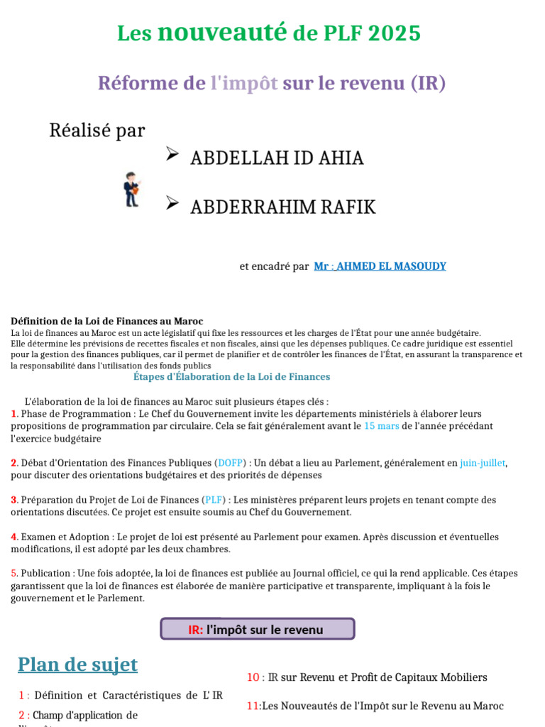 Nouveautés de l'IR dans le PLF 2025 au Maroc | PDF | Impôt sur le ...