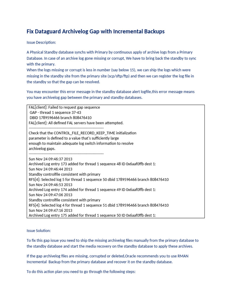 Fix Dataguard Archivelog Gap with Incremental Backups | PDF | Backup ...