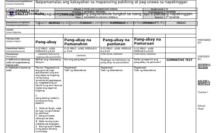 DLL Filipino 6 q2 w6 | PDF
