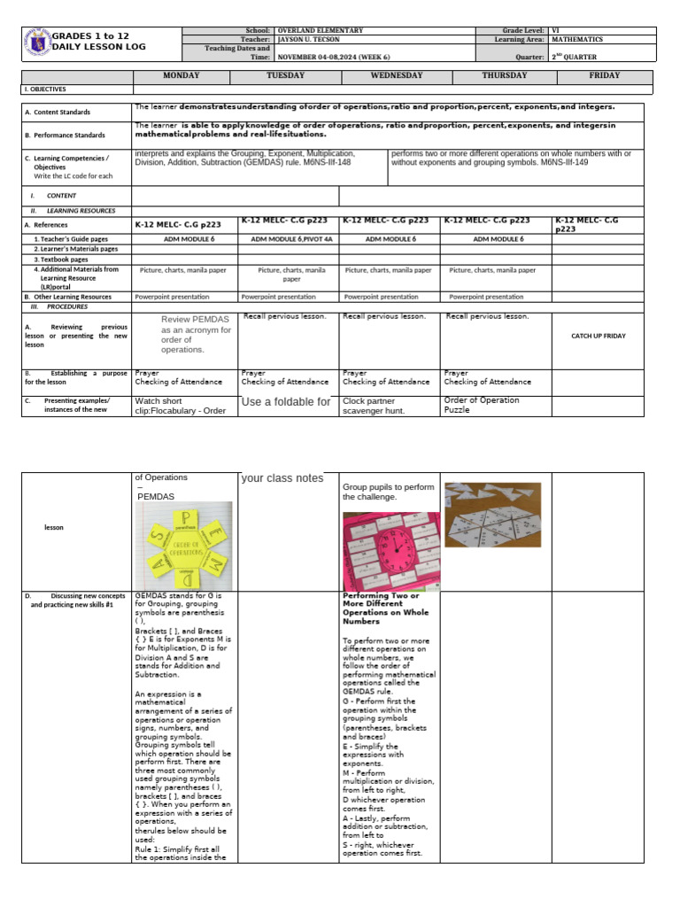 Grade 6 Math Daily Lesson Log | PDF | Bracket | Arithmetic