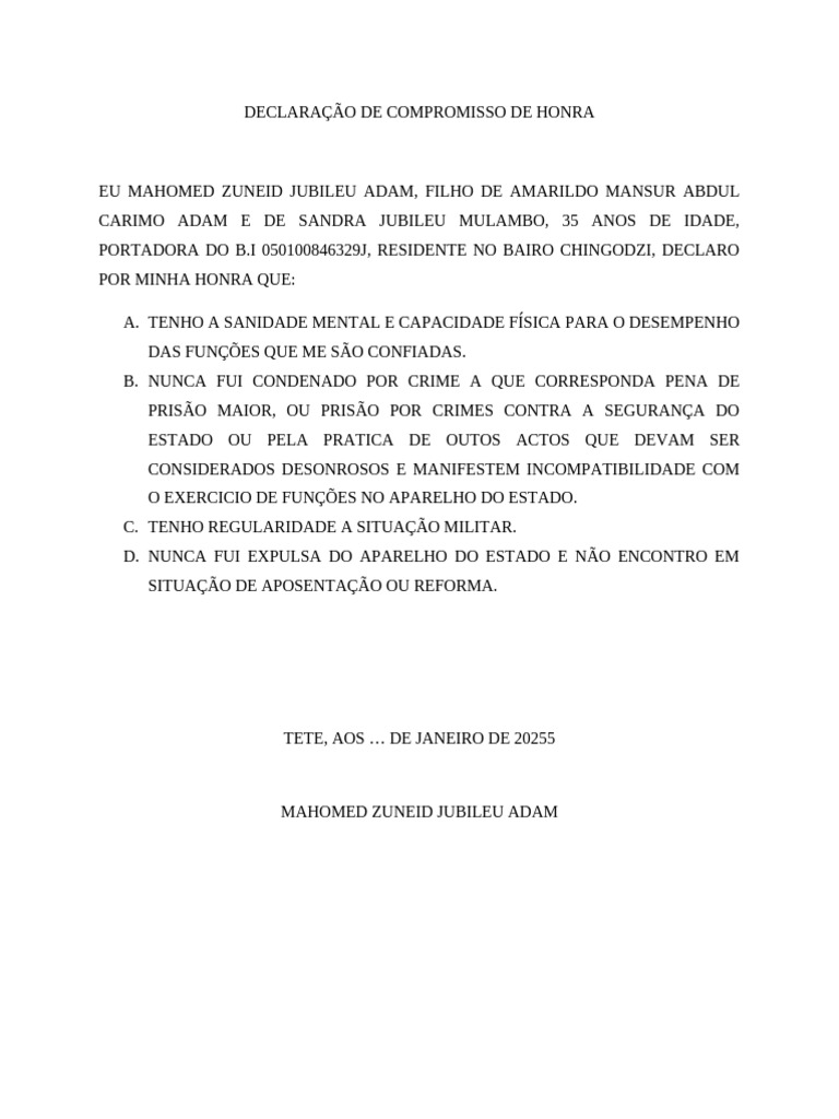 Declaração de Compromisso de Honra | PDF