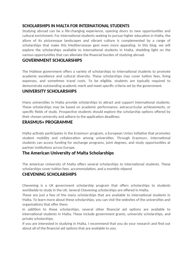 Scholarships in Malta For International Students | PDF | Student ...