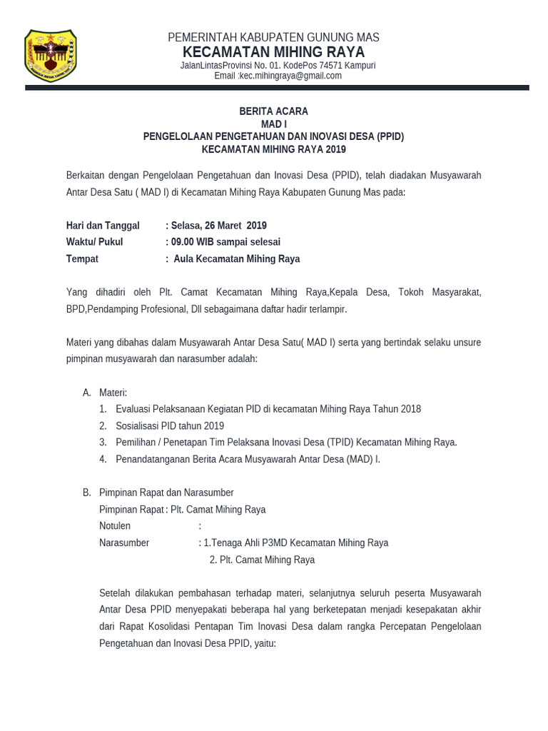 Musyawarah Inovasi Desa Mihing Raya 2019 | PDF