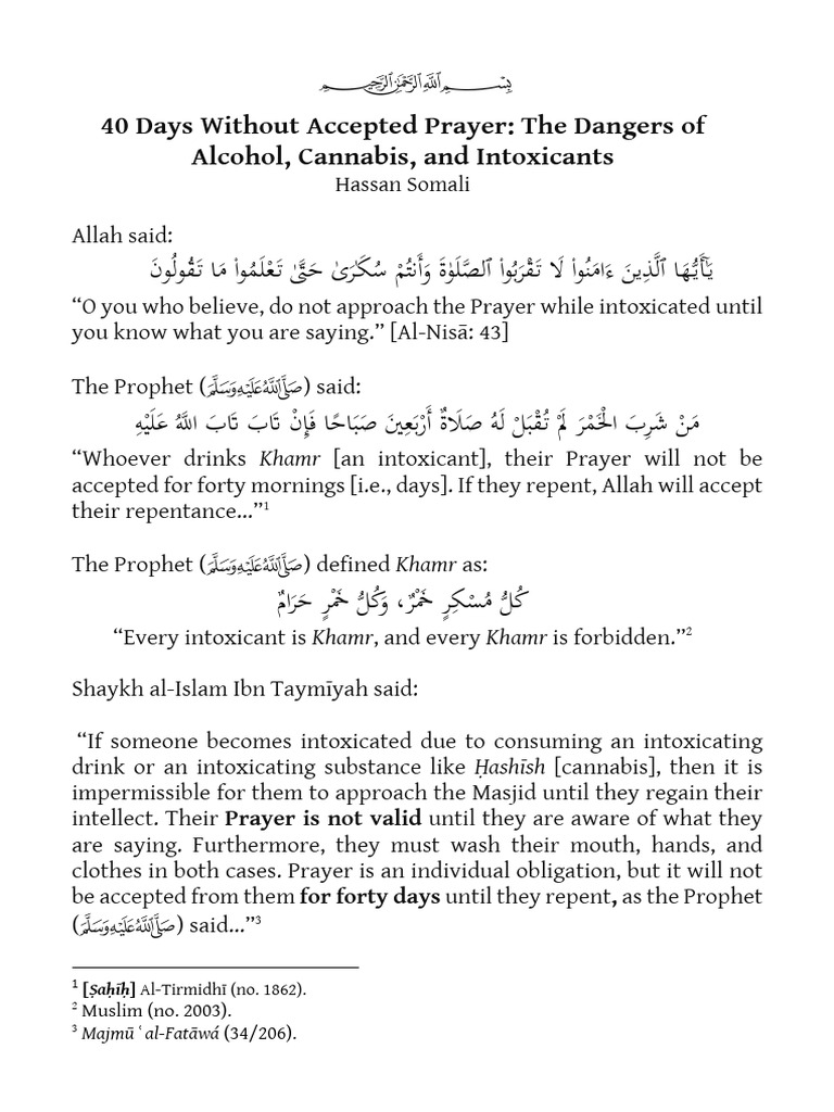 does smoking cigarettes invalidate prayer for 40 days Understanding Intoxicants and Their Impact on Salah HADITH: intoxicants and salah 40