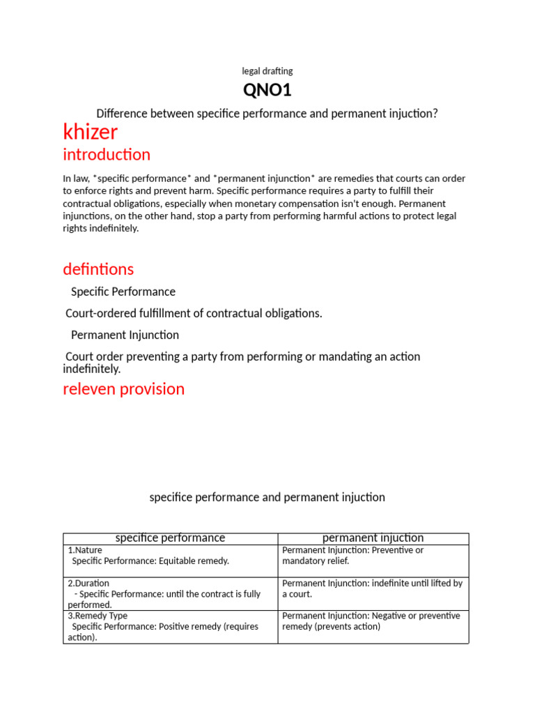 Specific Performance vs. Permanent Injunction | PDF