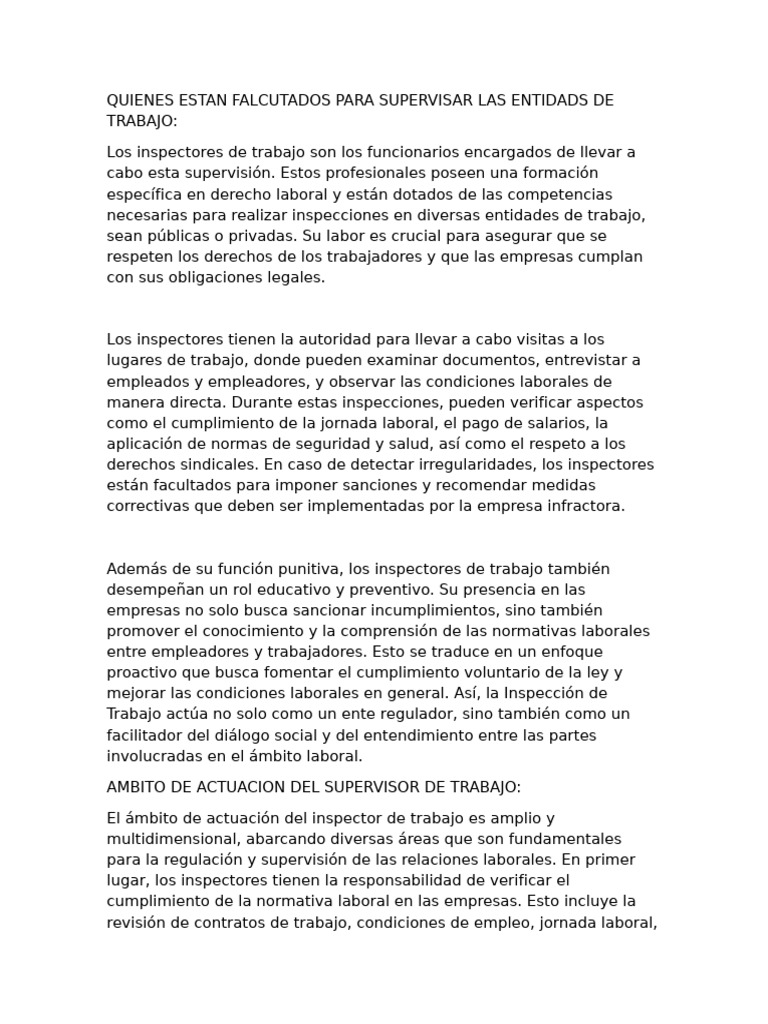 Funciones y Poderes de Inspectores Laborales | PDF | Derecho laboral ...