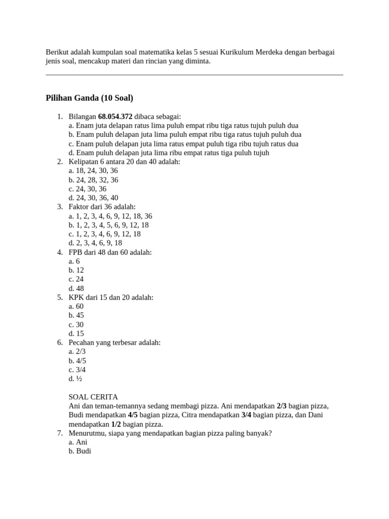 Soal Matematika Kelas 5 Kurikulum Merdeka | PDF