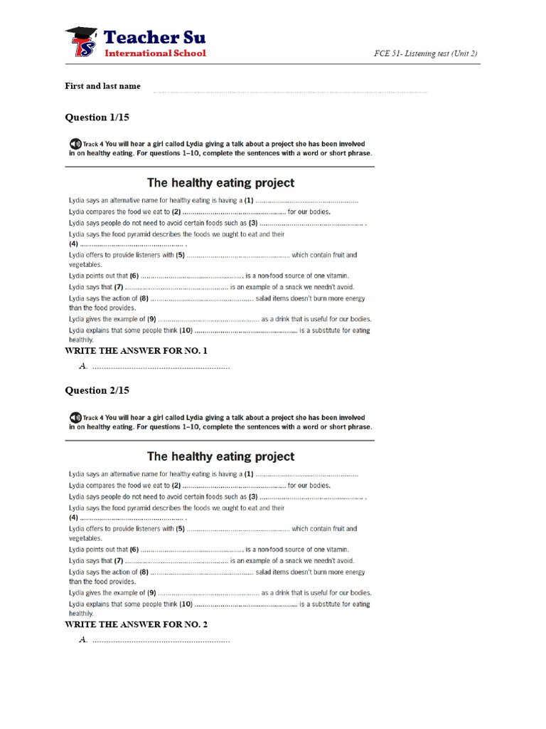 FCE 51 - Listening Test (Unit 2) - Questions | PDF