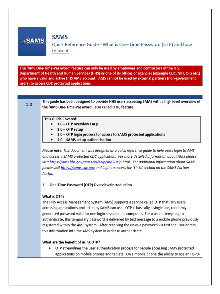 SAMS OTP Access Guide for HHS Users | PDF | Authentication | Access Control