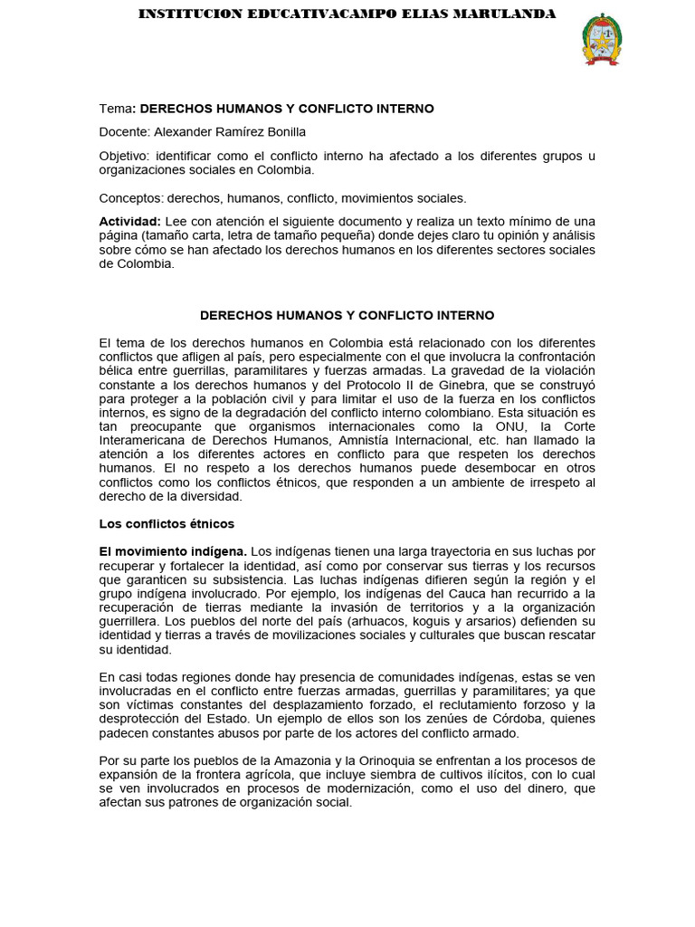 SOCIALES GRADO 10 ACTIVIDAD DERECHOS HUMANOS 09 DE AGOSTO DE 2023 | PDF ...