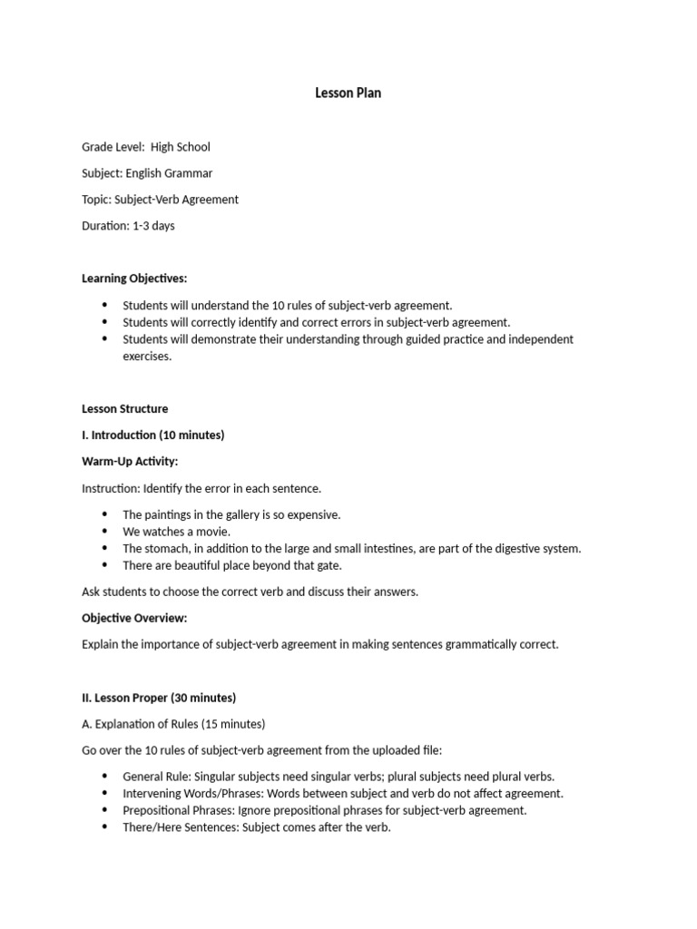 Subject-Verb Agreement Lesson Plan | PDF | Grammatical Number | Verb