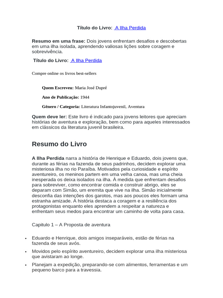 Resumo de A Ilha Perdida | PDF