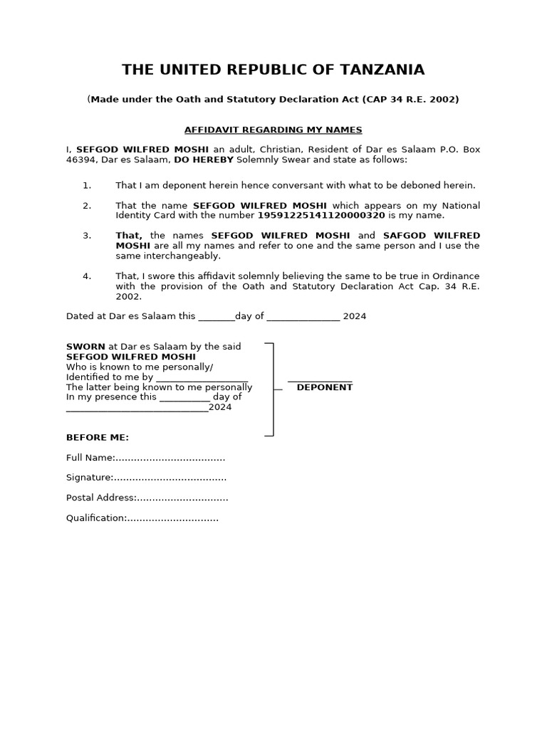 Affidavit of Name Declaration Tanzania | PDF