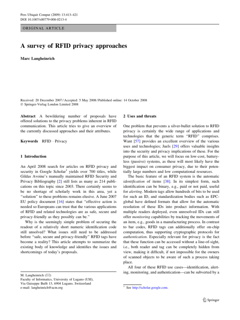 Overview of RFID Privacy Solutions | PDF | Radio Frequency ...