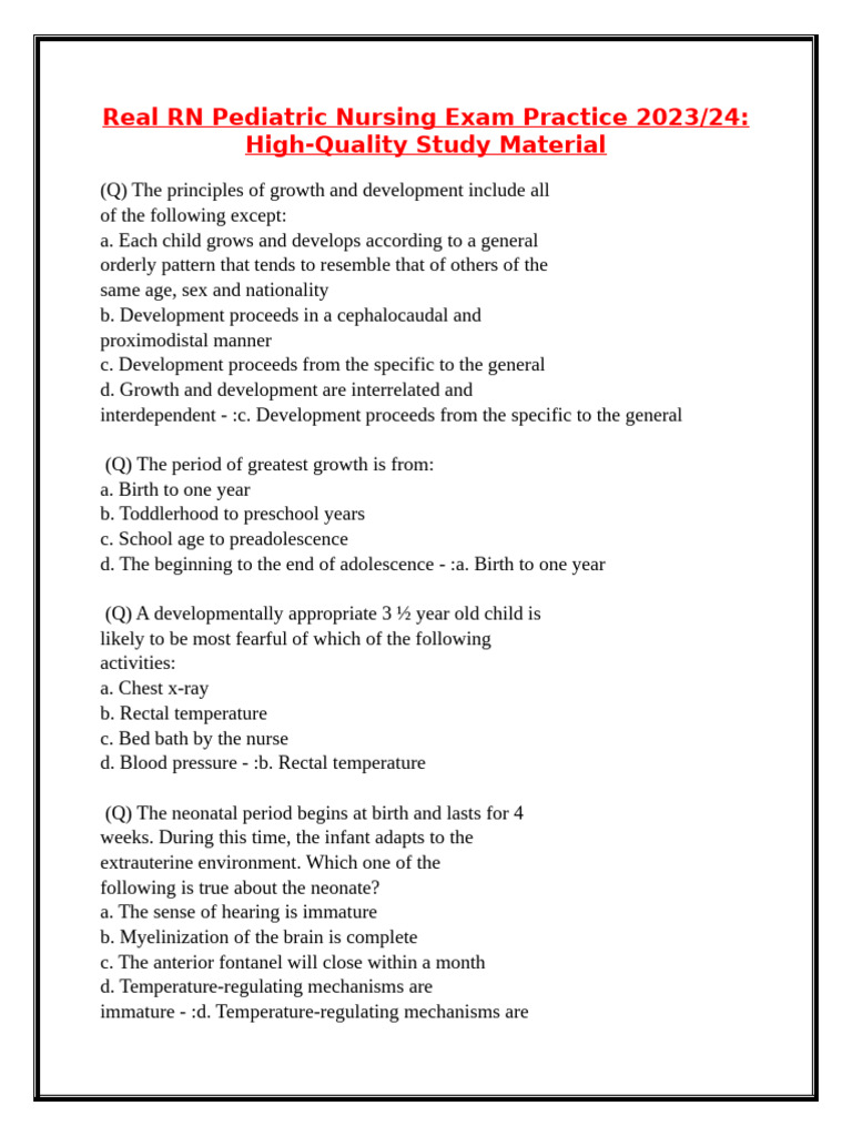 Real RN Pediatric Nursing Exam Practice 2023 | PDF | Congenital Heart ...