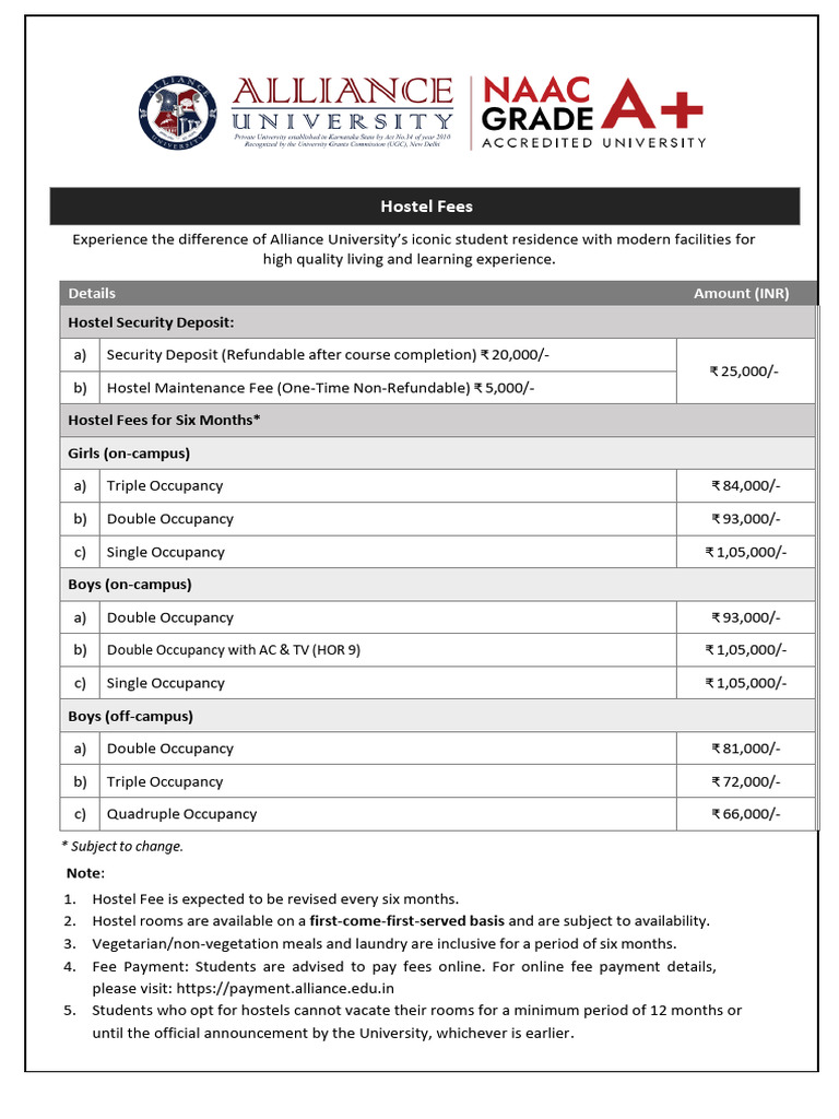 Alliance University Hostel Fees Breakdown | PDF