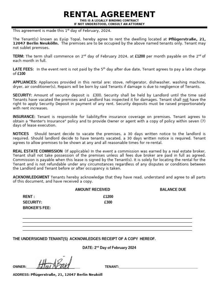 Basic Rental Agreement Contract | PDF | Leasehold Estate | Lease