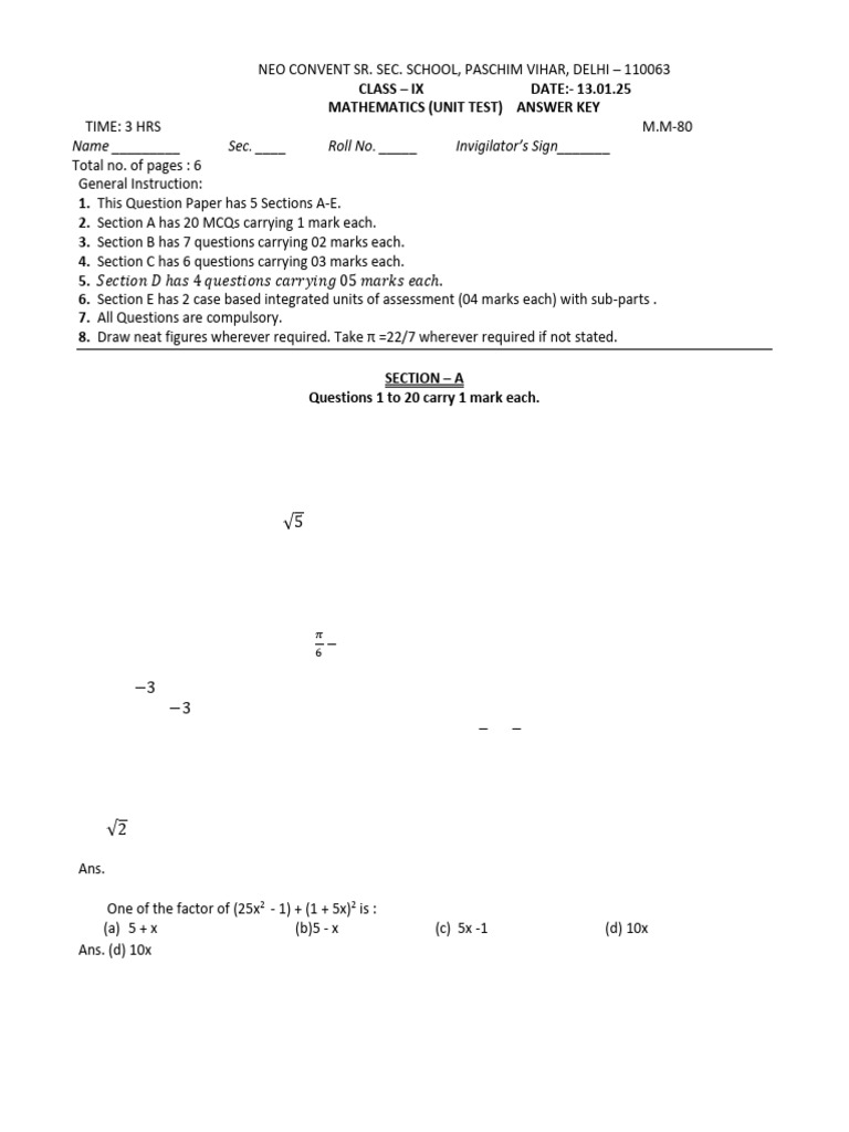 Class IX Mathematics Unit Test Answer Key | PDF | Euclidean Geometry ...