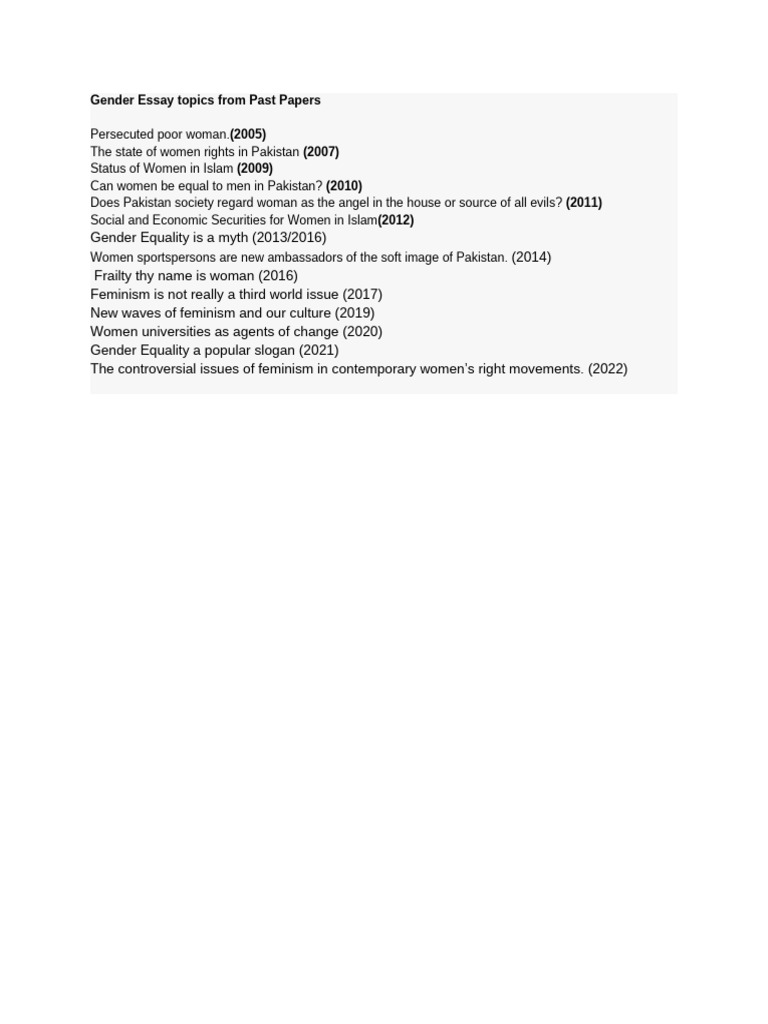 Gender Essay Topics from Past Papers | PDF