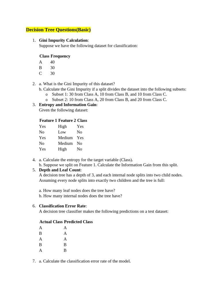 Decision Tree Questions | PDF | Algorithms | Statistical Analysis