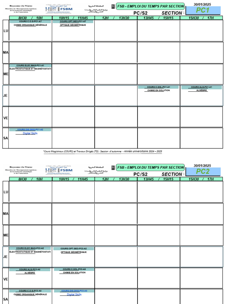 Emploi du temps universitaire 2024-2025 | PDF | Sciences physiques