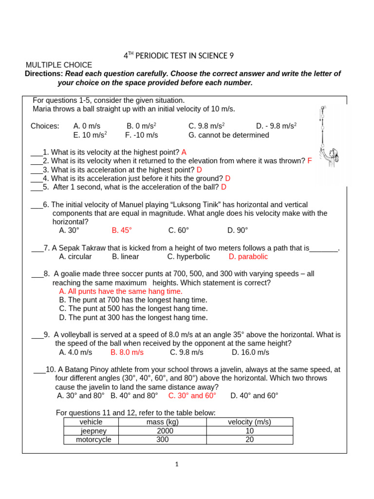 Science 9 Periodic Test Questions | PDF | Collision | Momentum