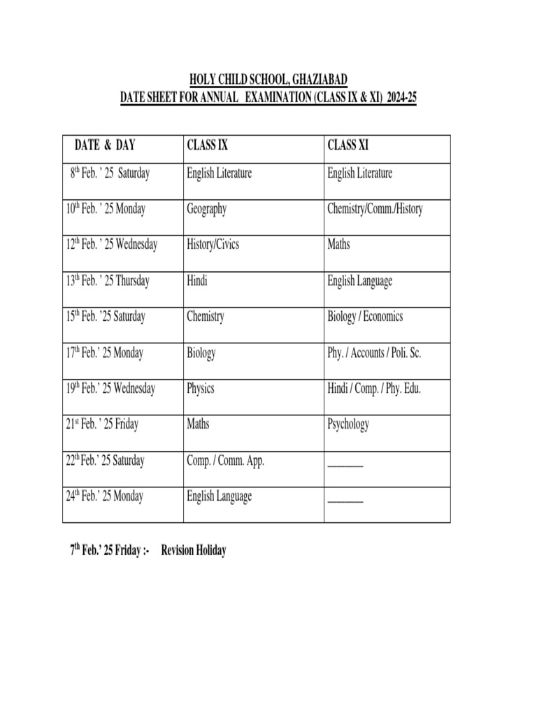Date Sheet For Class IX & XI (2025) | PDF