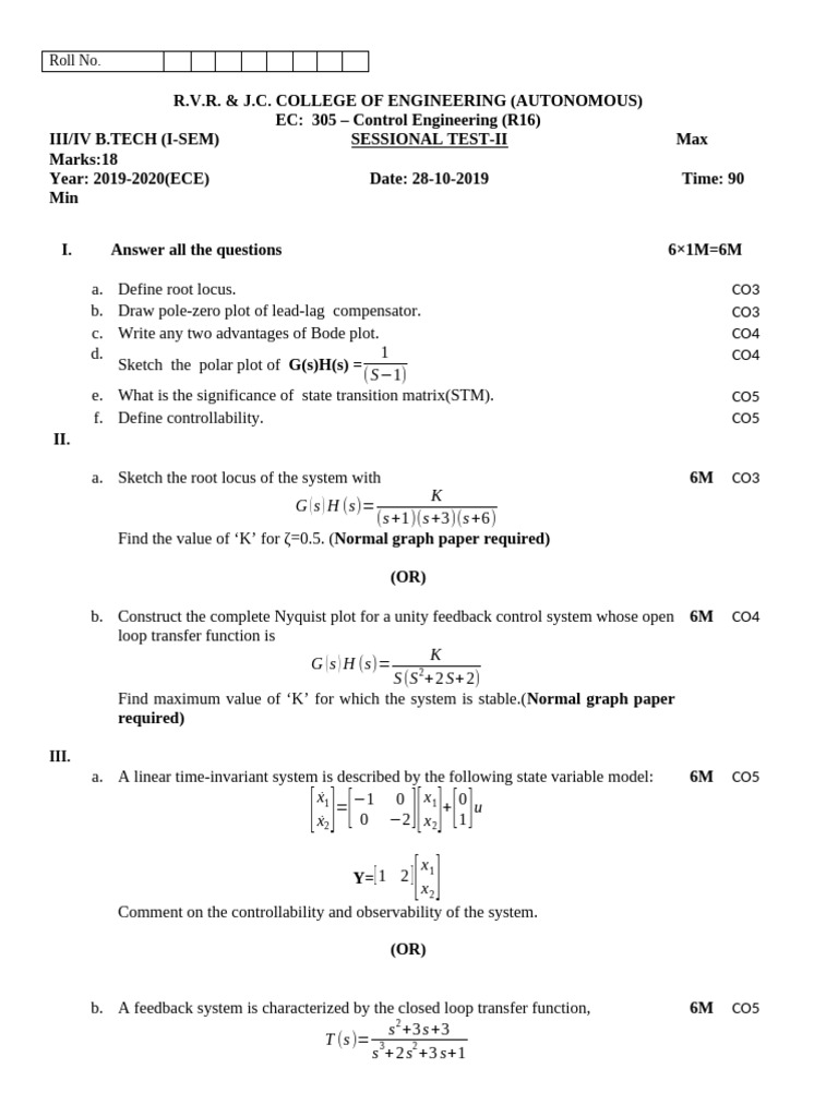 Control Engineering Sessional Test 2019 | PDF | Telecommunications ...