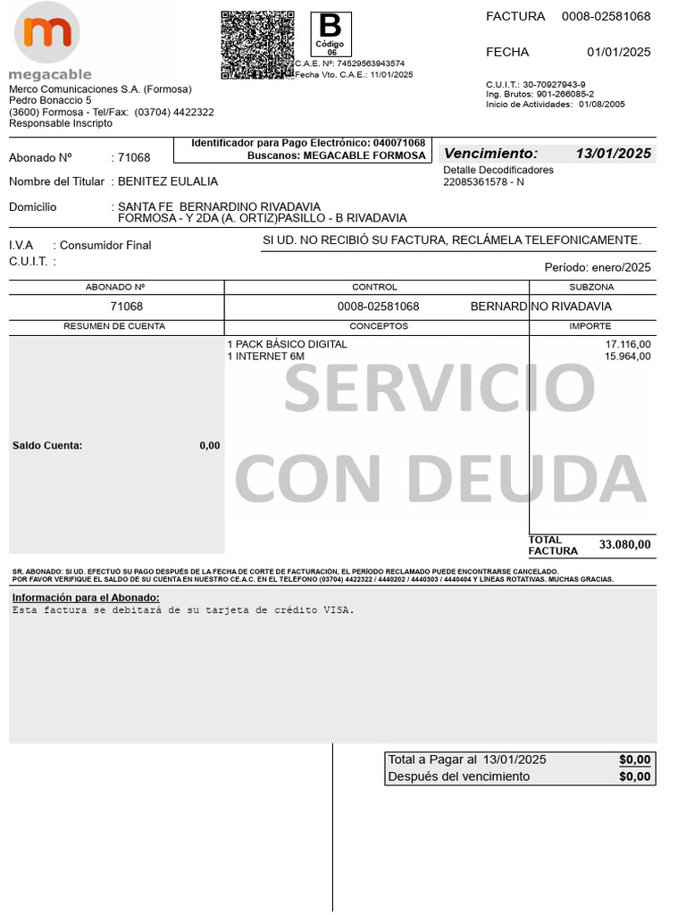 Factura Merco Comunicaciones enero 2025 | PDF | Tecnología bancaria | Pagos