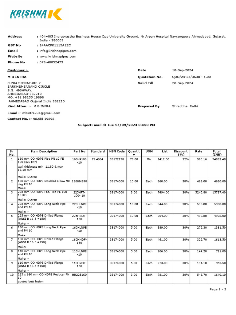 HDPE Pipe Quotation for M B Infra | PDF | Industrial Processes ...