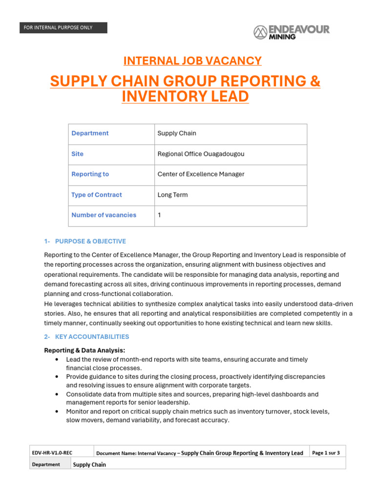 Internal Job Vacancy Supply Chain Group Reporting Inventory Lead - EDV1 ...