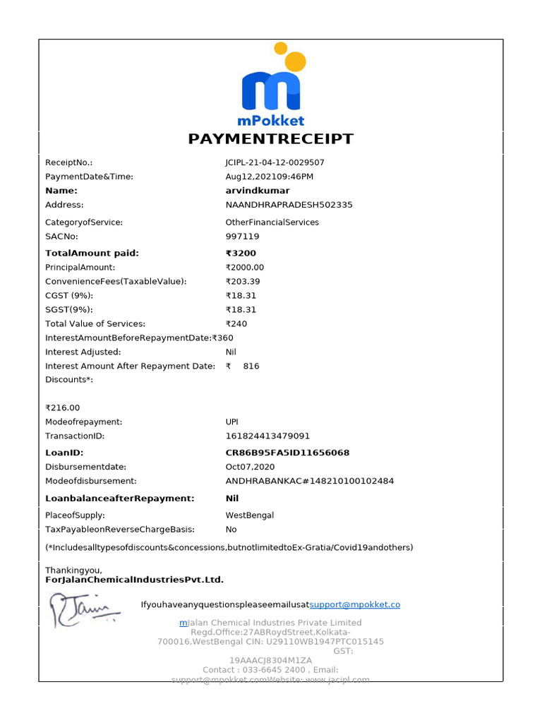 Payment Receipt for Financial Services | PDF