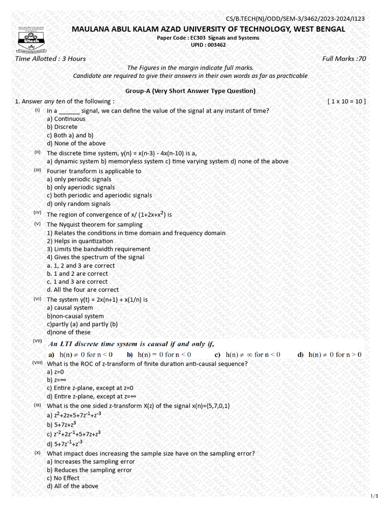 Signals and Systems Exam Paper EC303 | PDF | Fourier Analysis ...
