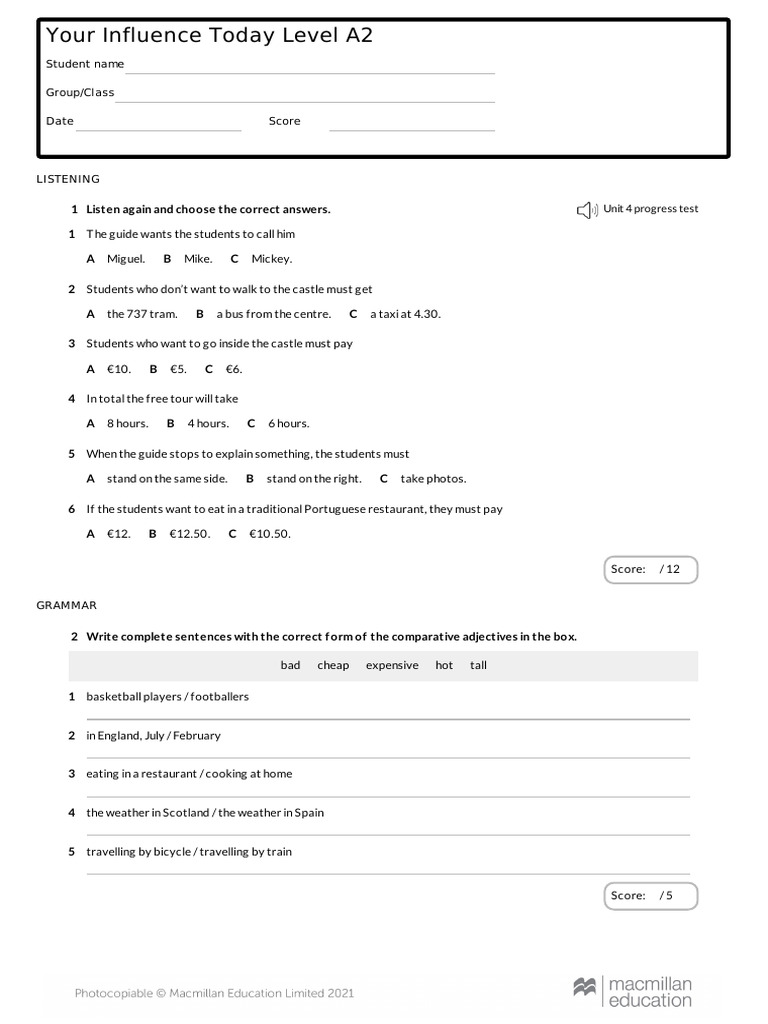 A2 Listening and Grammar Progress Test | PDF | Desert